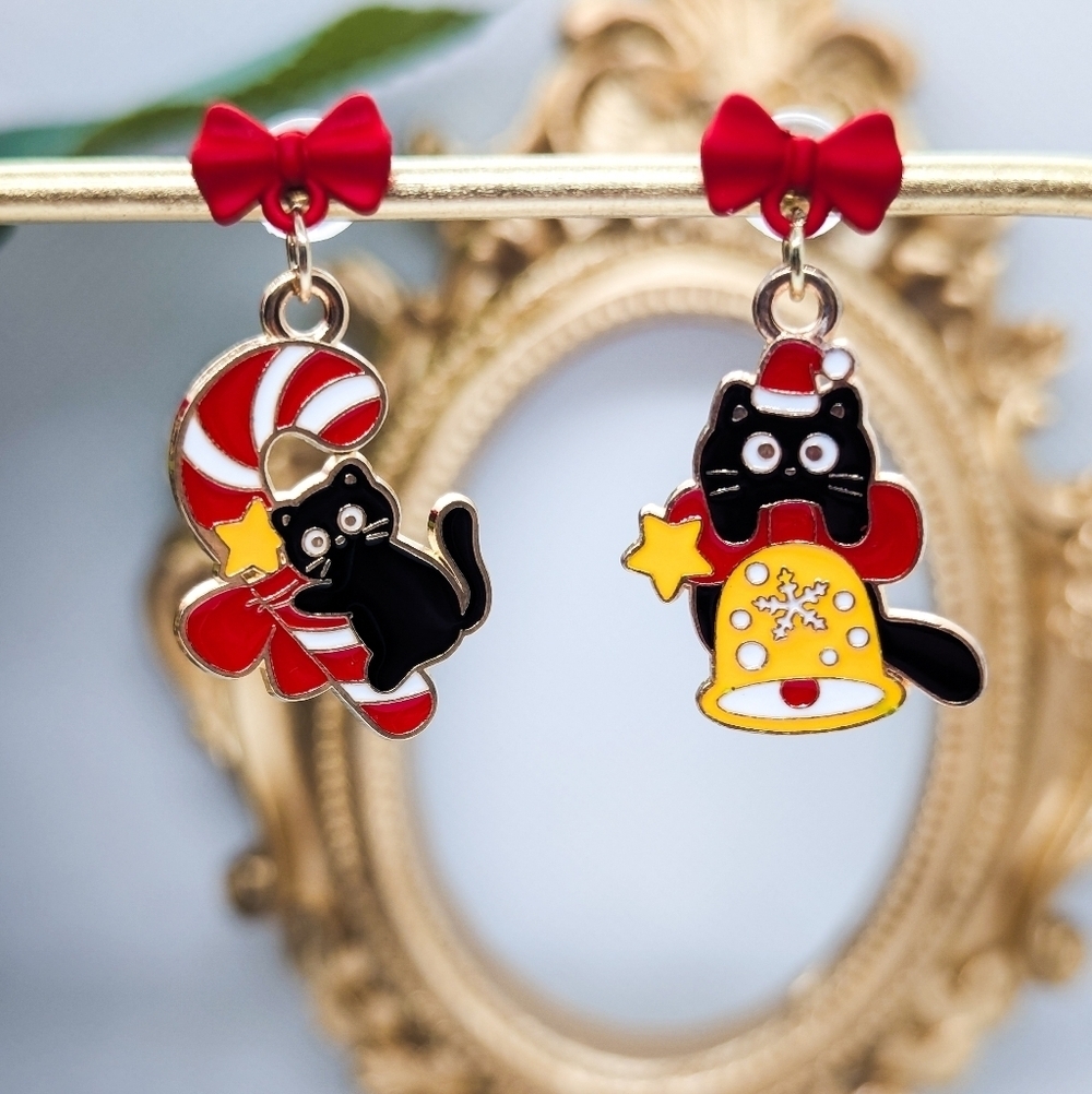 Black Cat Christmas Drop Earrings Candy Cane & Bell Style
